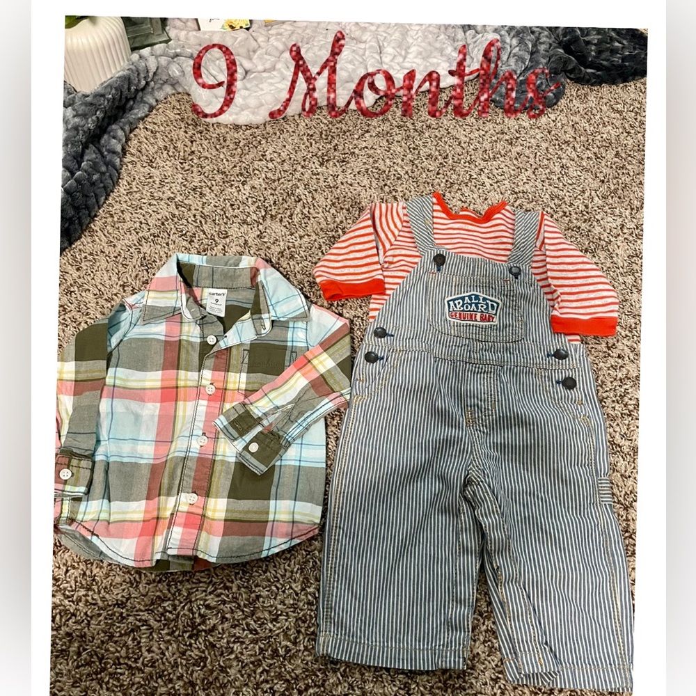OshKosh B'gosh Blue & White Striped Overalls and 2 Shirts 1 plaid lg sleeves 9 M